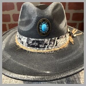 Stylish Gray Fedora Hat with Turquoise Swarovski crystals Accent